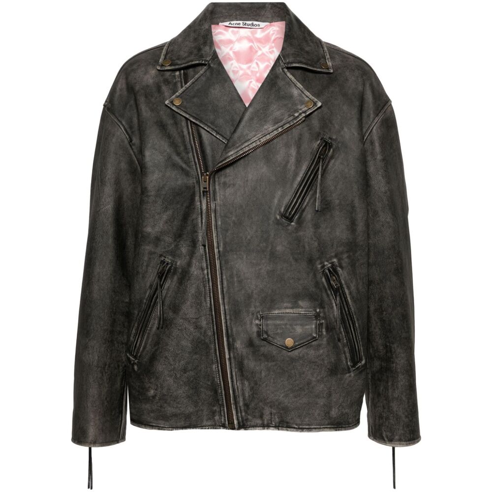 아크네 엠보스드 로고 가죽 바이커 재킷