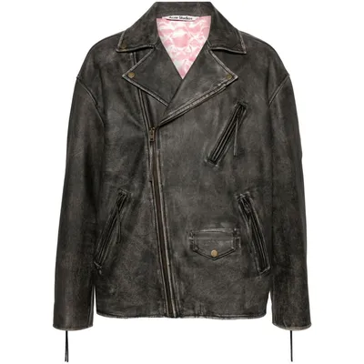 아크네 엠보스드 로고 가죽 바이커 재킷