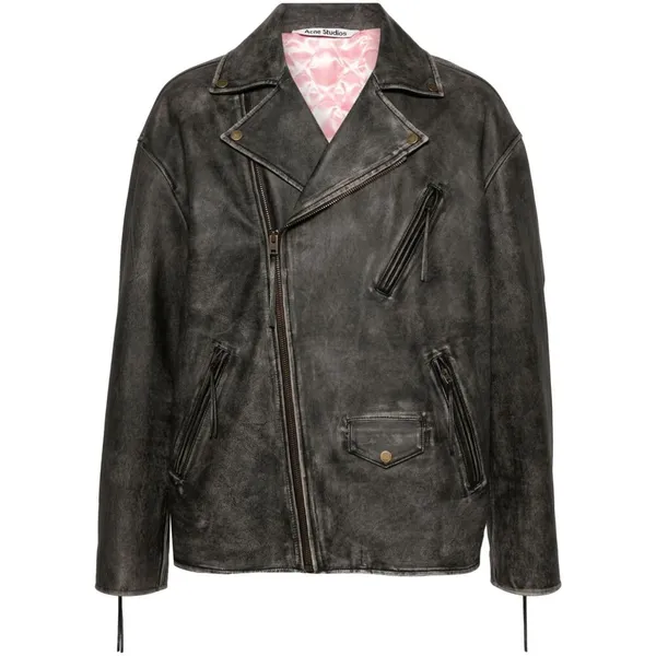 아크네 엠보스드 로고 가죽 바이커 재킷