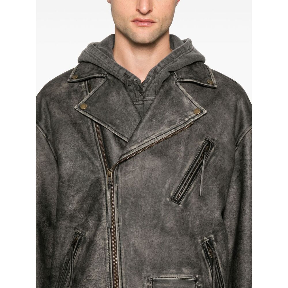 아크네 엠보스드 로고 가죽 바이커 재킷