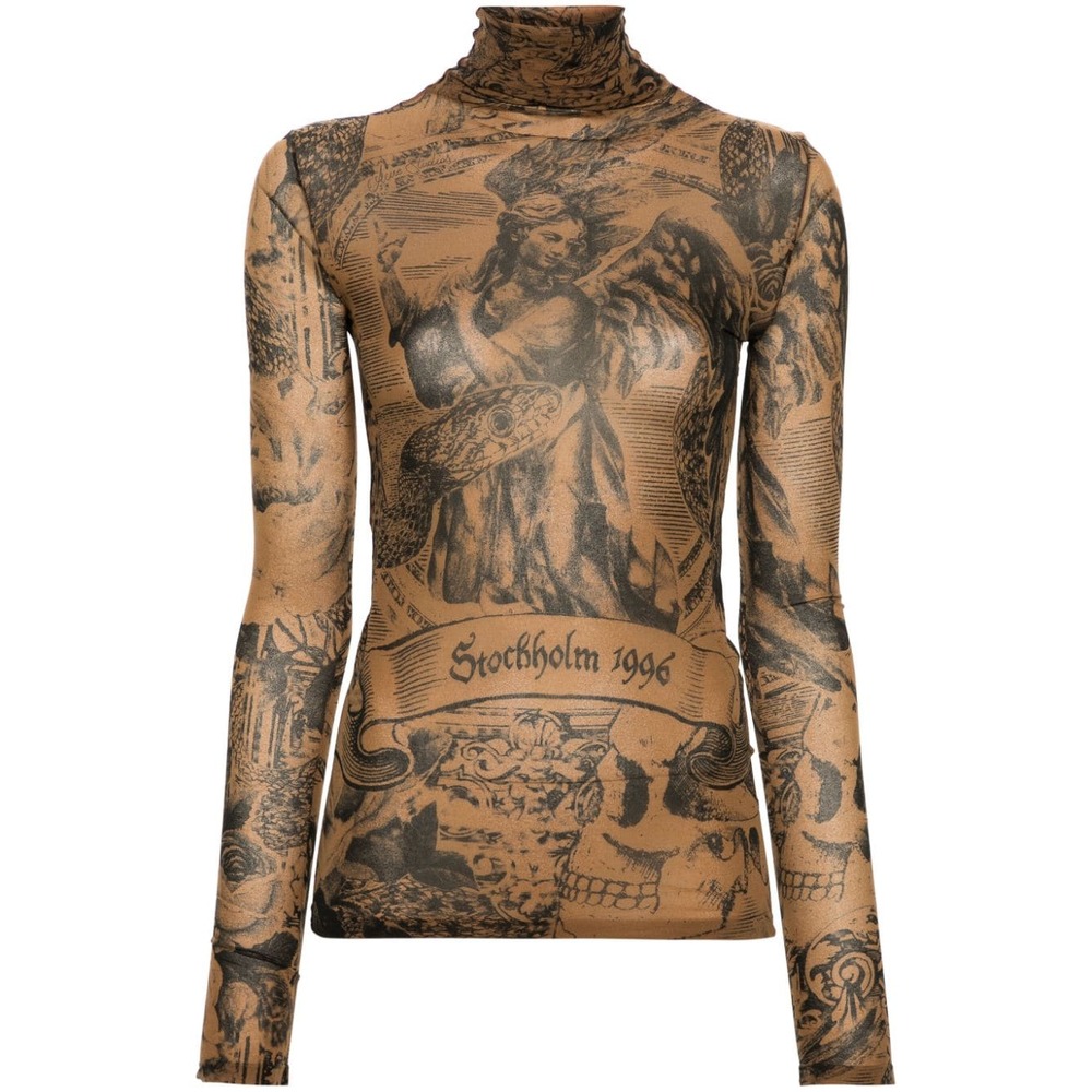 아크네 그래픽 프린트 메시 블라우스